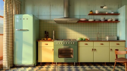 suburban mid-century modern kitchen with a retro-inspired mint green fridge and checkerboard tiles