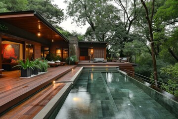 Modern wooden villa with a seamless infinity pool surrounded by lush forest greenery