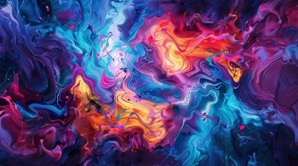 Fototapeta premium A colorful abstract painting with a blue and orange swirl. The painting is full of vibrant colors and has a dreamy, ethereal quality. The colors seem to be swirling and blending together