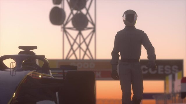 Racing driver pilot walk between two race cars. Car Racing Concept