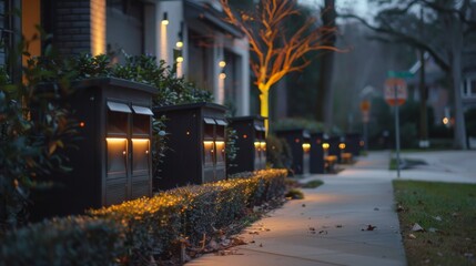 Fototapeta premium A row of mailboxes with glowing lights illuminate a sidewalk along a suburban street at dusk. The mailboxes are set against a backdrop of trees and houses.