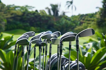 A collection of premium golf clubs with a background of a lush golf course