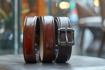 A collection of premium leather belts with a background of fine tailoring