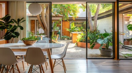 Obraz premium suburban mid-century modern dining room with sliding glass doors that open to a lush courtyard