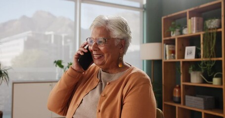 Senior, woman and happy with phone call in retirement for communication, gossip and mobile chat in home. Elderly, person and talking on smartphone for pension loan, funeral insurance or investment - Powered by Adobe