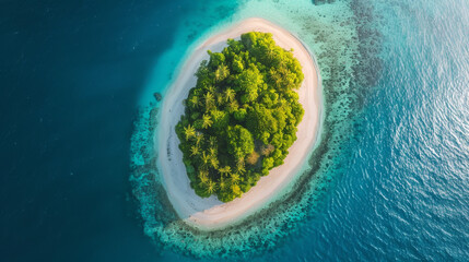 Aerial view of a tropical island with a sandy beach and lush green forest on a small circular coral atoll in the Maldives