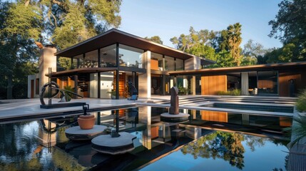 Obraz premium suburban mid-century modern home with a reflective pool and modern sculptures in the yard