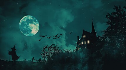 A witch in silhouette near a haunted house with a brilliantly glowing moon, while bats fly around, creating a spooky scene filled with shadows and moonlight.