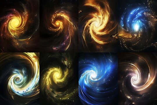 A collection of swirling abstract galaxies, each vying for dominance in the universe