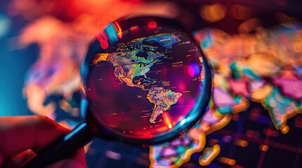 Exploring Global Financial Markets - Hand Holding Magnifying Glass over World Map with Vibrant Background for Customized Messages