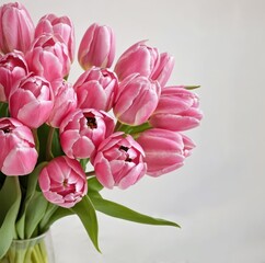 Obraz premium Beautiful bouquet of pink tulips for a wedding, the bouquet is tied with pink ribbons, white background, festive bouquet