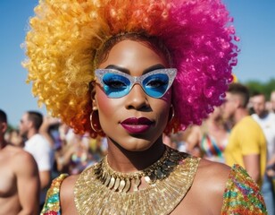 Happy black drag queen celebrating pride. An African American woman in a rainbow afro clown wig and glitter makeup celebrates LGBTQ at a pride parade. Gay man in fancy dress.