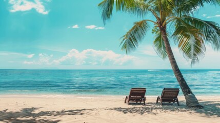 Naklejka premium A tranquil beach scene featuring two wooden lounge chairs placed under a swaying palm tree, overlooking calm blue waters and under a bright, clear sky.