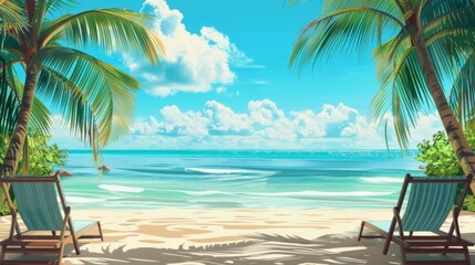 Obraz premium A vibrant scene of a sunny tropical beach featuring two beach chairs placed between palm trees, facing the picturesque turquoise sea under a bright blue sky.