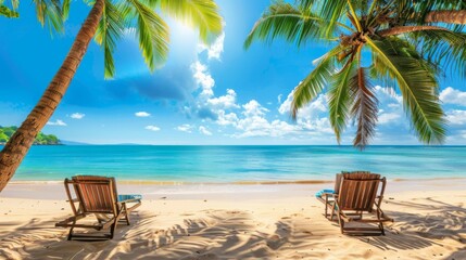 A beautiful tropical beach scene with two sun loungers placed on the pristine sand under the shade of palm trees, facing the calm, azure sea on a sunny day.