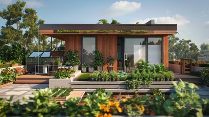 Fototapeta premium suburban mid-century modern home with a rooftop terrace that includes a sustainable, small-scale urban farm