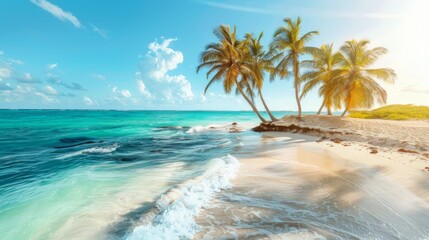 Palm trees line the edge of a pristine beach with turquoise waters. Waves gently lap the shore under a blue sky, capturing the essence of tropical paradise and serenity.