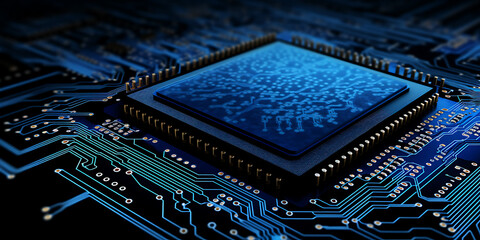 Blue and gold, futuristic, high-tech, microprocessor, circuit board, technology, innovation, and digital. 
