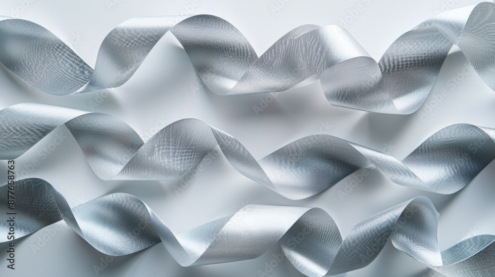 Poster Close-up view of a bundle of silver ribbons, ideal for using as an accent in design or photography projects