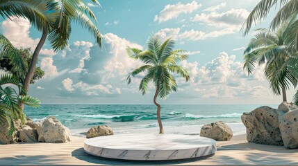 A round platform set on a sandy beach with a single palm tree, overlooking a scenic ocean with gentle waves under a partly cloudy sky, creating a calm oasis.