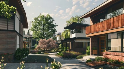 Fototapeta premium view of a suburban mid-century modern home with an exterior that features a combination of brick and wood, providing a warm, welcoming appearance