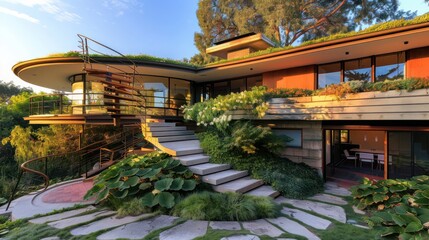 unique suburban mid-century modern home with a rooftop garden accessible via a spiral staircase