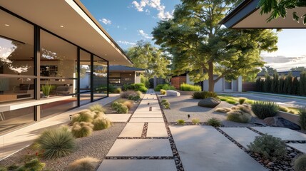 view of a suburban mid-century modern home with a minimalist, sculptural approach to landscaping, emphasizing shapes and forms rather than color and variety