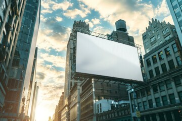 Obraz premium Large blank billboard displaying on building with sunset sky background for your advertisement