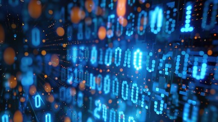 Digital Finance Fusion: Abstract Binary Code with Financial Icons for Technology and Money Concept.