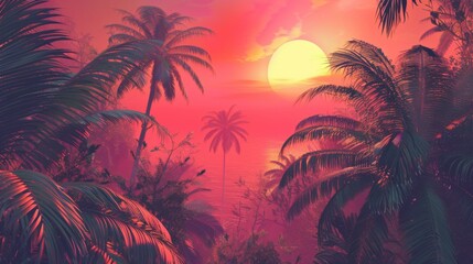 Naklejka premium This image captures a breathtaking sunset with towering palm trees, enveloped in warm hues of red and orange, portraying an idyllic and serene tropical landscape.