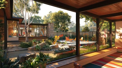 Obraz premium view of a suburban mid-century modern home with a dedicated children's play area that incorporates elements of nature and imagination