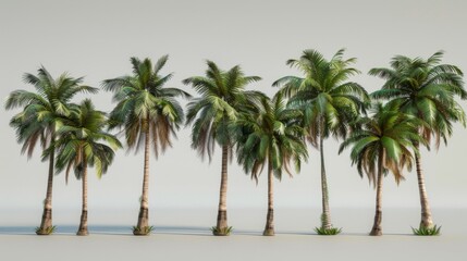 A beautifully arranged group of palm trees presented in a straight line, showcasing their tall and slender trunks with lush fronds at the top.