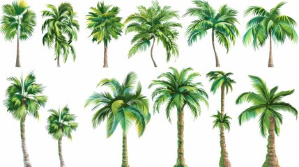Obraz premium An artistic illustration showcasing various types of palm trees set against a white background, emphasizing the individual characteristics and details of each tree.