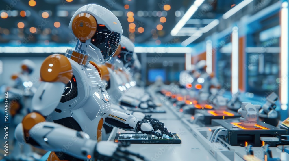 Poster a line of robots are working on a production line