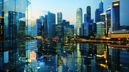 Obraz premium Glowing Global Financial Hub: Panoramic City Skyline at Dusk with Illuminated Office Buildings and Text Space