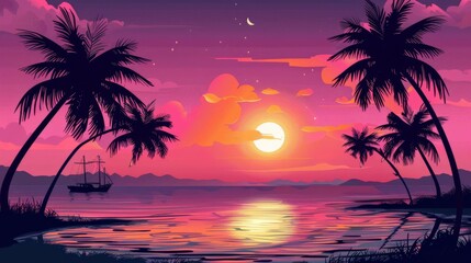 Naklejka premium A peaceful moonlit night beach landscape with palm tree silhouettes and gentle ocean waves. This image captures the tranquil and calming essence of a nighttime beach scene.