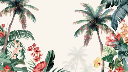 This vibrant tropical scene showcases tall palm trees and an array of colorful flowers and lush foliage, creating a vivid representation of a tropical paradise.