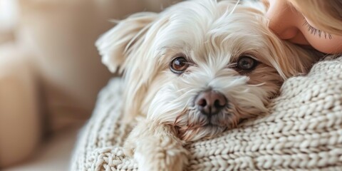 Heartwarming close-up of blonde woman cuddling fluffy white dog in cozy knit sweater, celebrating love and companionship, expressing comfort and tenderness.
