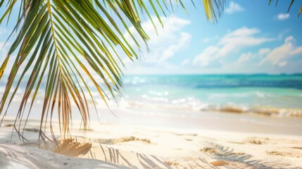 Fototapeta premium A serene beach scene captures the essence of relaxation with palm fronds partially shading the sunlit sandy shore, accompanied by a calm turquoise sea and blue skies.