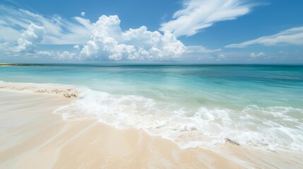 Fototapeta premium A picturesque turquoise beach, featuring soft white waves meeting the shore under a clear blue sky, offering a perfect representation of an idyllic seaside escape.