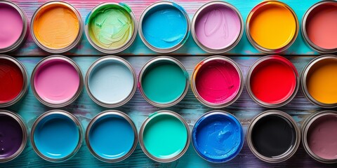 Colorful paint cans in neat rows on wooden table, featuring vibrant hues ideal for renovation, interior design inspiration, and artistic projects.