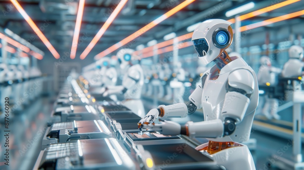 Poster a robot is working in a factory, surrounded by other robots