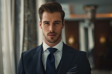 Fototapeta premium Confident businessman is posing in a suit in the lobby of a hotel