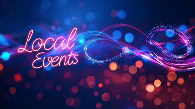Colorful Neon Local Events Sign. A vibrant neon sign with swirling lights advertises local events against a dark background, creating a festive atmosphere.