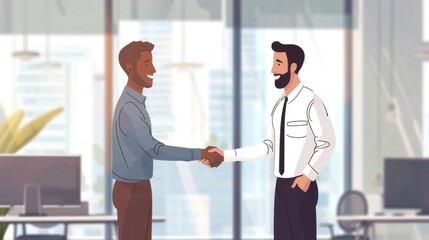 An illustrative image showing two men shaking hands in a brightly lit office setting, indicating a sense of partnership, agreement, and professionalism.