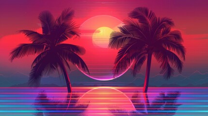 A vivid digital art piece showcasing a retro-styled sunset with two palm trees and their reflections on the water, highlighted with neon hues and vintage elements.