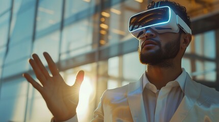 Young Professional Presenting Project Proposal with Augmented Reality Glasses in Business Setting