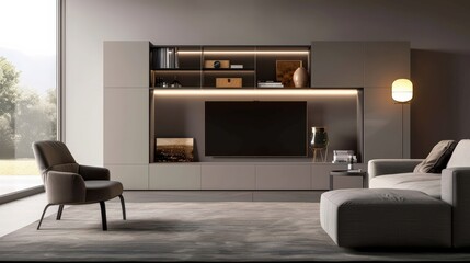 A living room with a large flat screen TV and a potted plant. The room has a modern and minimalist design with white furniture and a brown accent. The large window lets in natural light