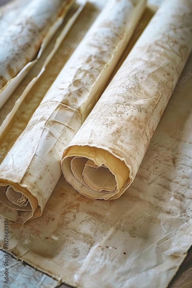 Poster a couple of game rolls sitting on top of a table, ready for use