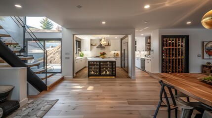 Contemporary suburban home with an underground wine cellar accessible through a hidden door in the kitchen